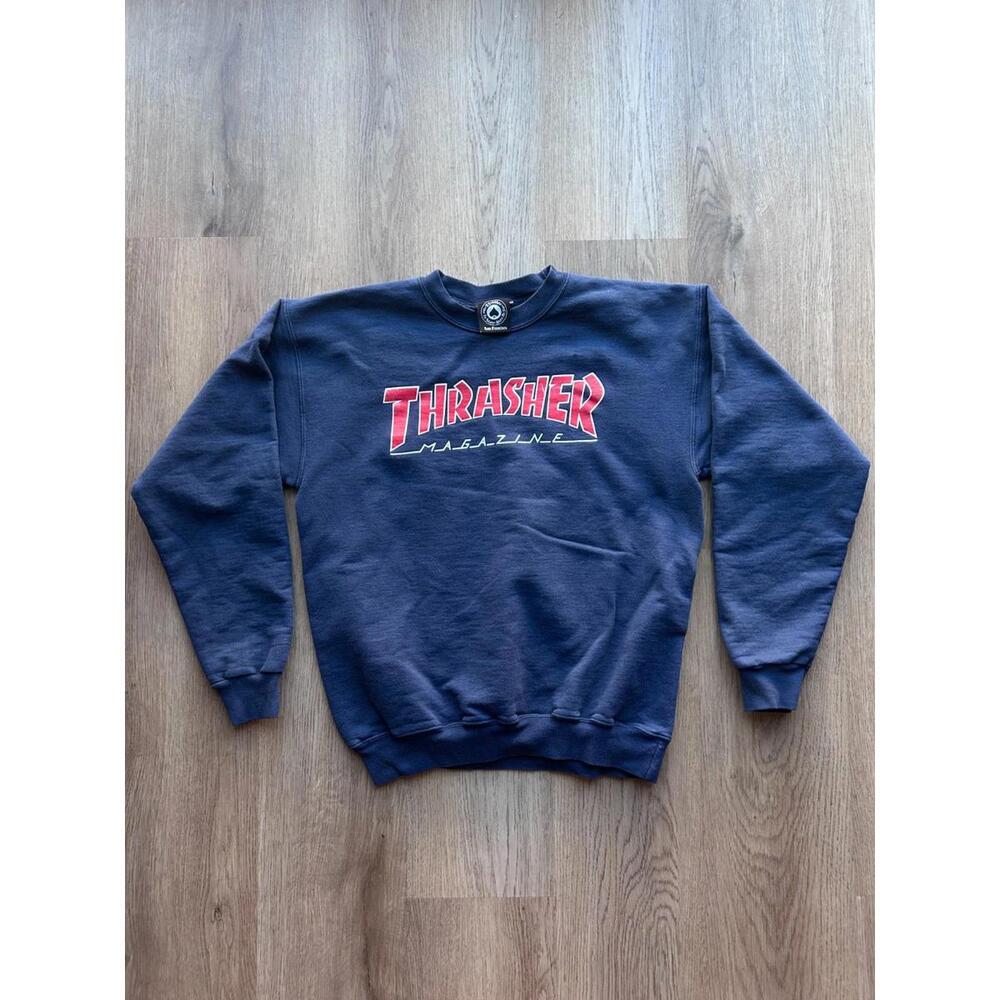 Vintage Thrasher Magazine Crewneck Sweatshirt Mens S Navy Blue Skater Y2K Flaws